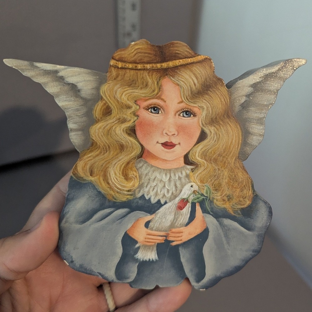 VTG Signed Hand Painted Wooden Angel Figurine Dove Rose Folk Art Decor